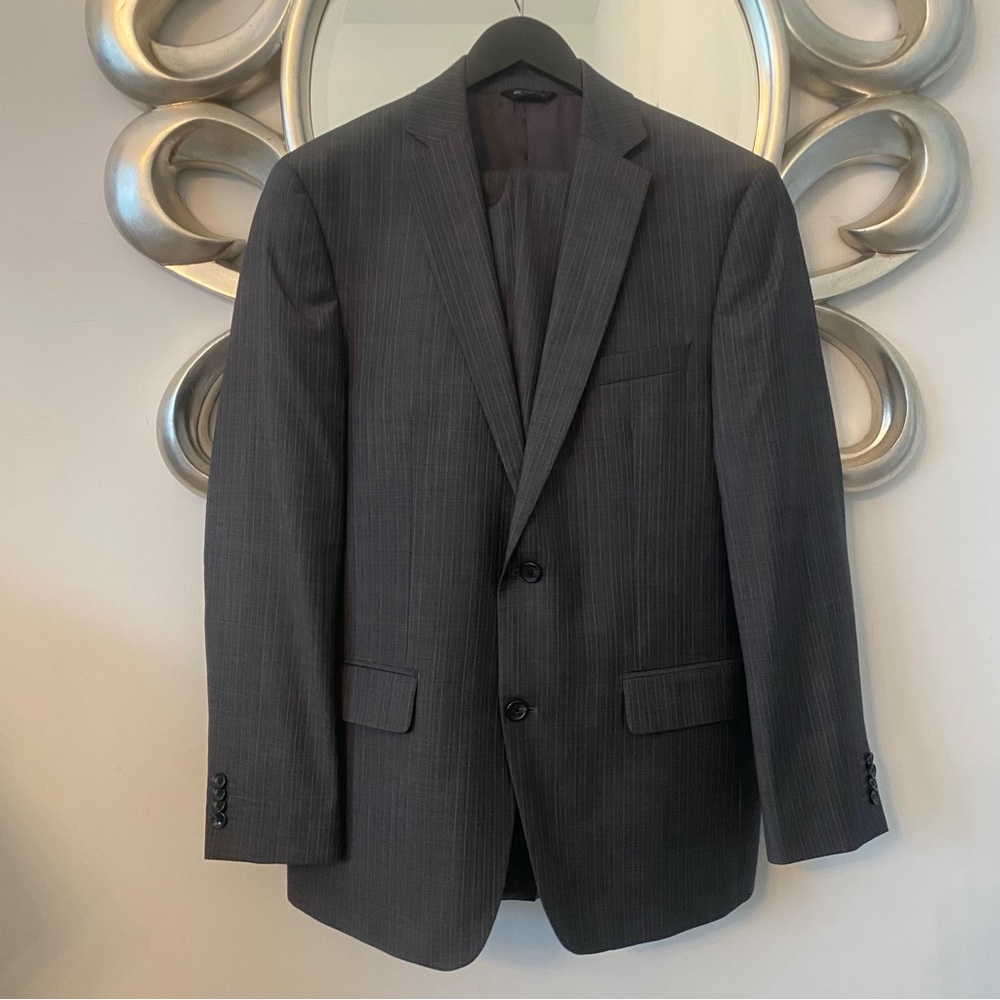 Men’s Marc Anthony Dark Gray Striped Suit - Size 40R Jacket, 34x32 Pants